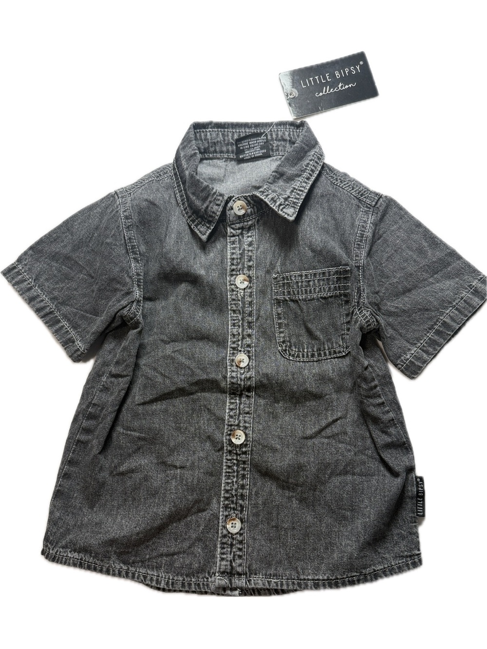 Little Bipsy Washed Black Short-Sleeve Button-Down Shirt Size 2T-3T NWT
